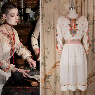 1930s Dress - Rare Vintage 30s Long Sleeve Hungarian Peasant Dress with Multi Colored Embroidery 