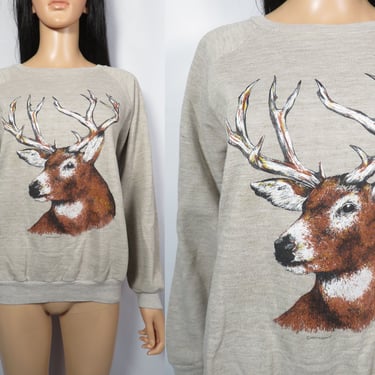 Vintage 80s/90s Deer Print Heather Gray Sweatshirt Made In USA Size M 