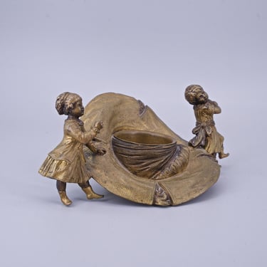Victorian Bronze Match Striker Dish Children Dancing Vintage Antique Cast Sculpture 