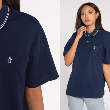 80s Polo Shirt Navy Blue Munsingwear Shirt Penguin Polo Shirt Half Button Up Tshirt 1980s Retro Vintage Tee Preppy Collared Men's Large L 