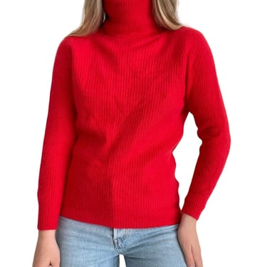Vintage 80s Womens Casual Corner Red Angora Blend Ribbed Turtleneck Sweater Sz S 
