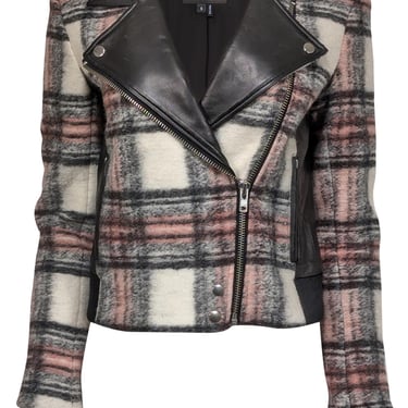 Paige - Black, Pink, &amp; Cream Plaid Moto Jacket w/ Lamb Leather Detail Sz S