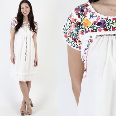 White Cotton Womens Oaxacan Midi Dress, Authentic Mexican Floral Embroidery And Lace Trim 