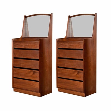 Pair of Mid-Century Modern Dillingham Tall Walnut Dressers with Attached Mirrors 