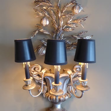 Hollywood Regency Silverleaf Hand Carved Wood Pomegranate Topiary Applique Wall Light 1950s