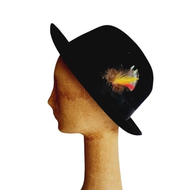 Vintage 60s Mens Fedora Stetson Hat Black Wool Orange Feather 7 3/8 
