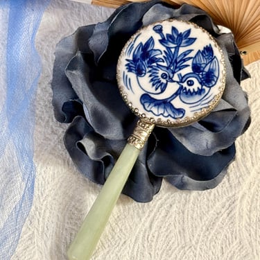 Porcelain Hand Mirror, Blue White Chinoiserie, Natural Stone Handle, Love Birds Design, Nephrite Jade, Asian, Original Box 