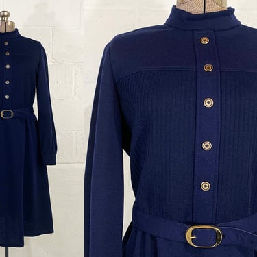 Vintage Navy Blue Dress Garfinckel's Washington, DC Belted Shirtdress Mod Scooter Twiggy Long Sleeves Medium Large 1960s 