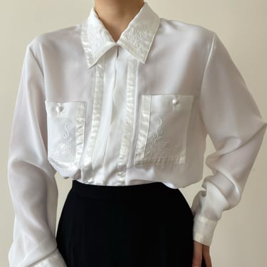vintage blouse silky blouse embroidered shirt floral sheer minimalist top secretary blouse white button down vintage shirt 90s size M 