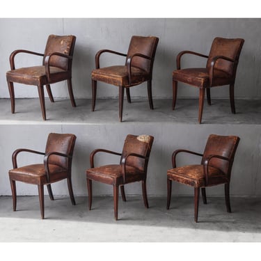 French Antique Art Deco Leather Bridge Arm Dining Chairs - 6 Available 