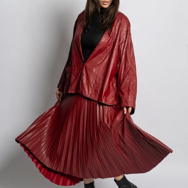 Pleated Red Synthetic Leather Swish Skirt