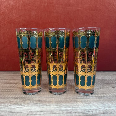 Culver Emerald Glass Scroll Hiballs Set of 3 Classic Vintage Barware 