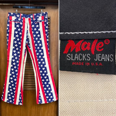 Vintage 1960’s w35 Stars x Stripes Flag Rockstar Hippie Flare Denim Jeans, 60’s Hip Huggers, 60’s Pants, Vintage Clothing 