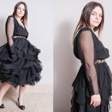 Vintage 1970's | Black | Sheer | Ruffled Skirt | Evening | Party | Dress | M 