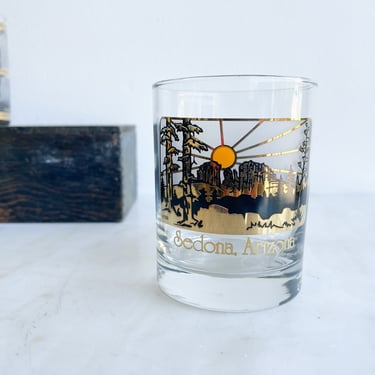 Vintage Lowball Glass MCM Souvenir Black and Gold Plate Sedona Arizona Southwest Souvenir Gold Rim Glasses Mid Century Low Ball 