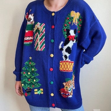 Vintage 1994 Christmas Cat Theme Novelty Blue Hand Knitted Cardigan Sz 2XL 