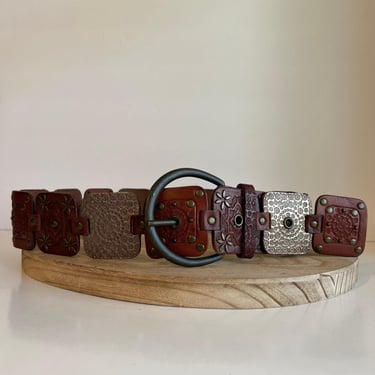 Fossil Brown Genuine Leather Embellished Wide Chunky Patchwork Belt - M/L 