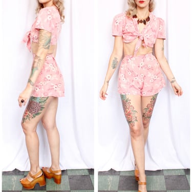 1940s Cotton Floral Crop Top & Shorts Playsuit - XSmall 