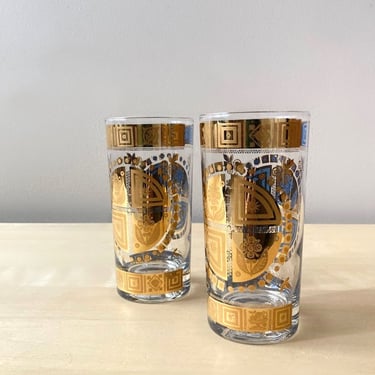 signed Culver Coronet vintage highball glasses - set of 2 mod MCM 22K gold medallion - some areas of gold loss 