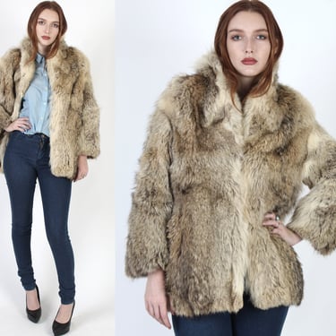 70s Genuine Coyote Fur Coat, 1970's Plush Natural Beige Arctic Fox Jacket, Short Shaggy Winter Jacket Sz Small S 