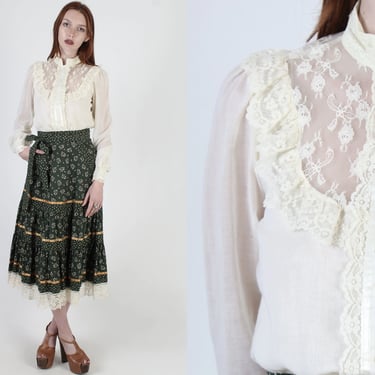 Off White Plain Gunne Sax Blouse / Ivory Jessica McClintock Top / Vintage 70s Plain Victorian Style Shirt / 1970s Gunnies Sheer Lace Top 