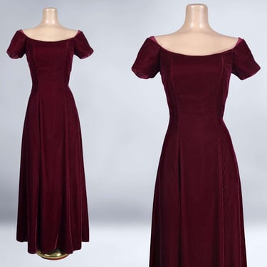 VINTAGE 80s Burgundy Velvet Off Shoulder Formal Dress by Jordan Size 3/4 | 1980s Does 40s Vamp Party Prom Gown | VFG 