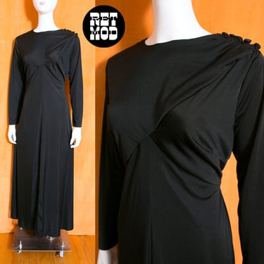 Sexy Slinky Vintage 70s Solid Black Long Sleeve Maxi Dress 