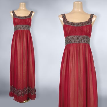 VINTAGE 00s Y2K Red Silk Beaded Formal Dress By Adrianna Papell | 2000s Regency Empire Waist Bridgerton Fairy Gown | VFG 
