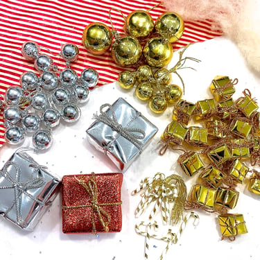 VINTAGE: Mini Christmas Craft Finds - Plastic Bulb and Candy Canes Ornaments - Paper Foil Mini Gifts Crafts Corsage Arrangements 