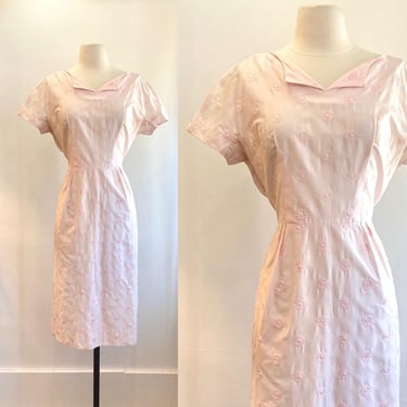 Vintage 50s Dress / Blush Pink Cotton Summer Dress + Embroidered Flowers / Lightweight / Dauphine L'Aiglon 