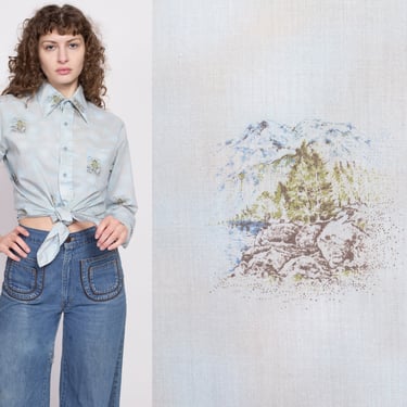 70s Mountain River Scene Novelty Print Shirt - Men's Medium | Vintage Blue Boho Button Up Pointed Collared Top 