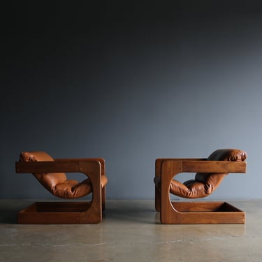 Lou Hodges Walnut & Leather Lounge Chairs for California Design Group, 1970's
