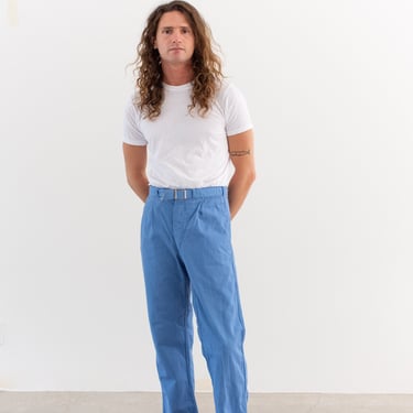 Vintage 31 33 Waist Sky Blue Belted Cotton Twill Trousers | Unisex Button Fly High Waist Workwear Pants | 