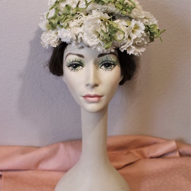 Vintage 1950s 60s Flo Denis NY Paris White Green Floral Hat Spring Carnation Flowers 