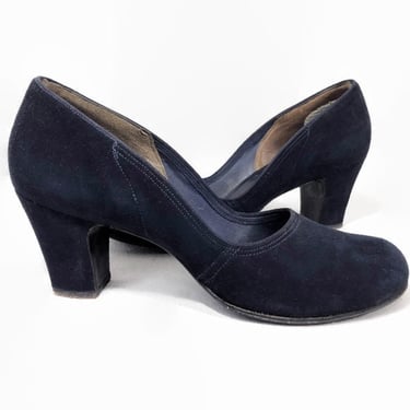 VINTAGE 40s Midnight Blue Suede Round Toe High Heel Shoes Pumps By De Mura, Strawbridge and Clothier 