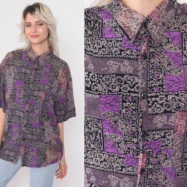 Paisley Button Up Shirt 90s Abstract Purple Collared Shirt Grunge Short Sleeve Top Boho Psychedelic 1990s Vintage Bohemian Men's Large L 