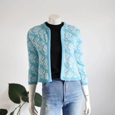 1960s Blue Floral Cardigan - S/M 