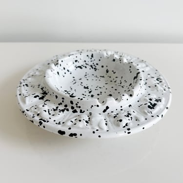 Zodiac Speckled Ceramic Ashtray Black & White Homemade Ceramic Mold Vintage 1960s 