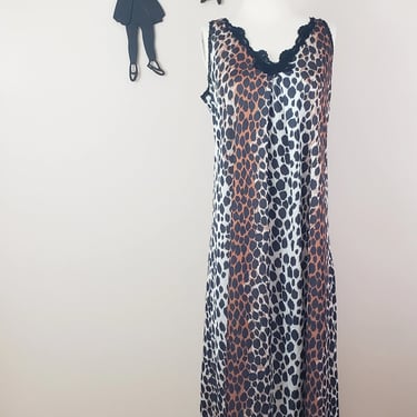 Vintage 1960's Leopard Print Slip Dress / 60s Lounge Wear Maxi Dress S 