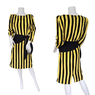 1980's Yellow Black Striped Poly New Wave Dress I Sz Med I Sash Waist 