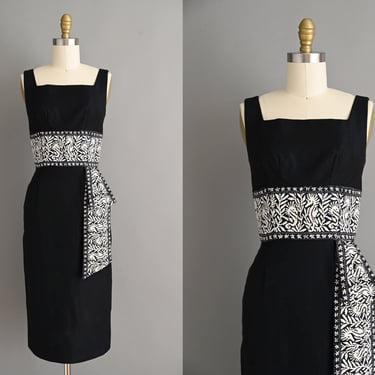 vintage 1950s Dress | Novelty Sea Horse Jane Stevens Black Cotton Wiggle Dress | XS 