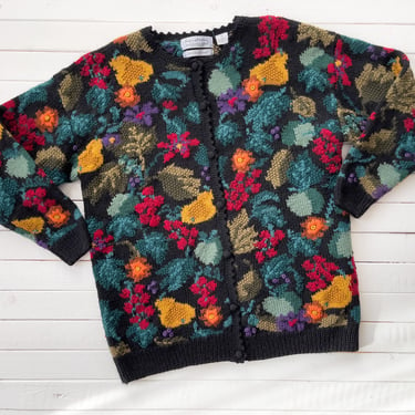 cute cottagecore sweater | 80s 90s vintage Northern Isles black red green floral fruit hand knit intarsia wool cardigan 