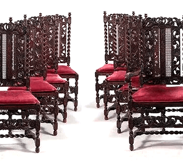 Antique Chairs, Dining, Sixteen, Carved Oak, In Jacobean, Red, Circa 1900s!!