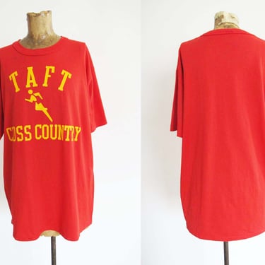 Vintage 70s Taft Cross Country T Shirt L - 1970s Russell Athletic Red Yellow Sport Shirt 