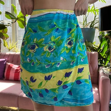 Vintage Aqua Blue Floral Wrap Skirt