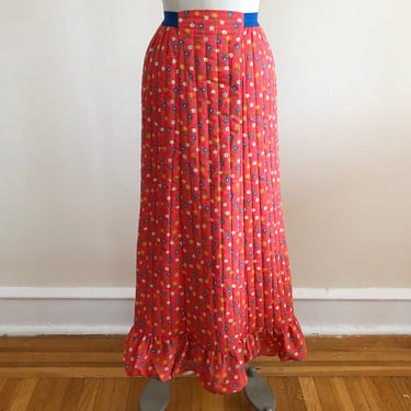 Red Floral Print Quilted Cotton Midi/Maxi Skirt with Ruffle - 1960s 