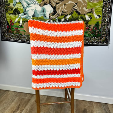 Vintage Hand Crocheted Small Throw Blanket Orange and White 