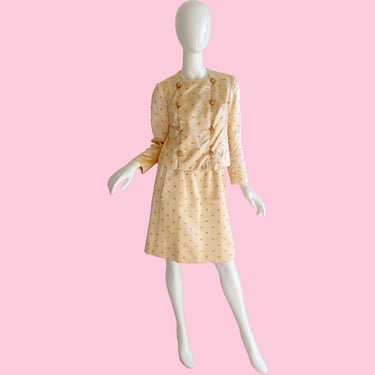 60s Brocade Gold Dress Set, Vintage Rhinestone Metallic Wedding Party Suit xs small 