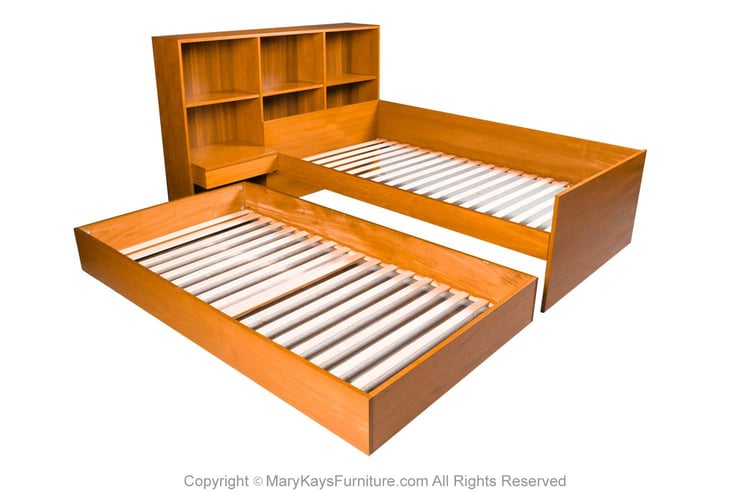 Mid Century Modern Teak Single Twin Size Trundle Bookcase Headboard Bed 