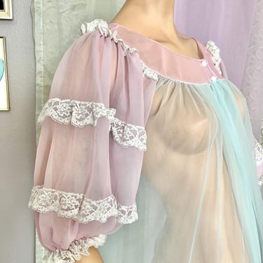 Billowy Sheer Chiffon Robe, Lacy, Statement Sleeves, Pastels, Vintage 50s 60s Lingerie 